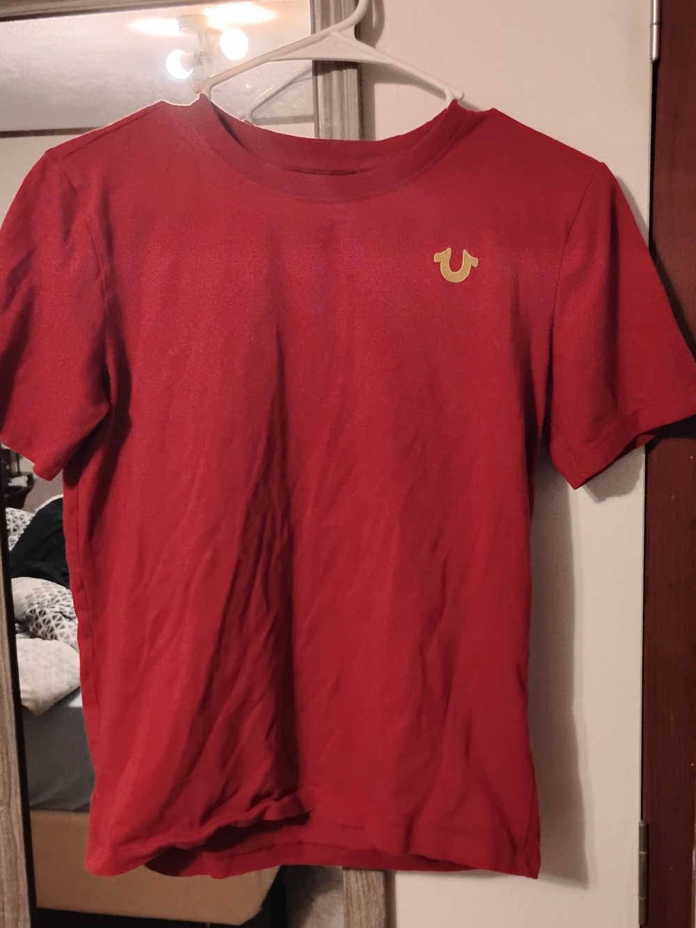 True Religion Red Short Sleeve Crew Tee with Yellow Logo